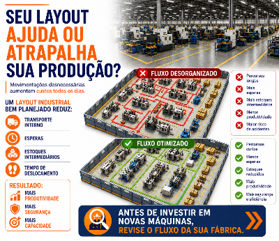 Comparação de fluxo de layout industrial desorganizado versus otimizado pela Total TM